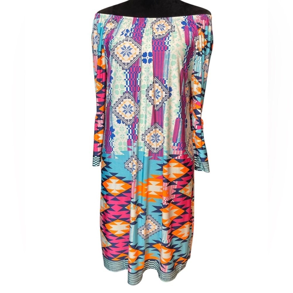 R. Rouge Colorful Geometric Tribal Print Off-Shoulder Dress